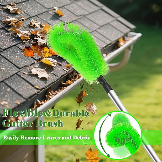 2 in 1 Gutter Cleaning Tools 12.8FT Adjustable Gutter Cleaning Tools from The Ground Gutter Cleaner Scoop Multi-Functional Gutter Cleaner Brush Easily Clear Roof Leaves Debris Roof Gutters