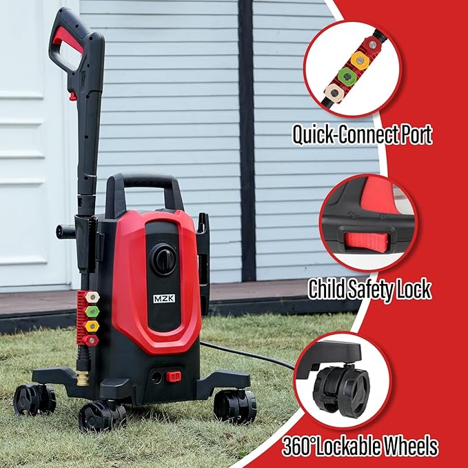 MZK Pressure Washer,with Anti-Tipping Technology,4 Quick-Connect Nozzles,Foam Cannon for Easy Replacement,High-Pressure Cleaning of Cars,Fences