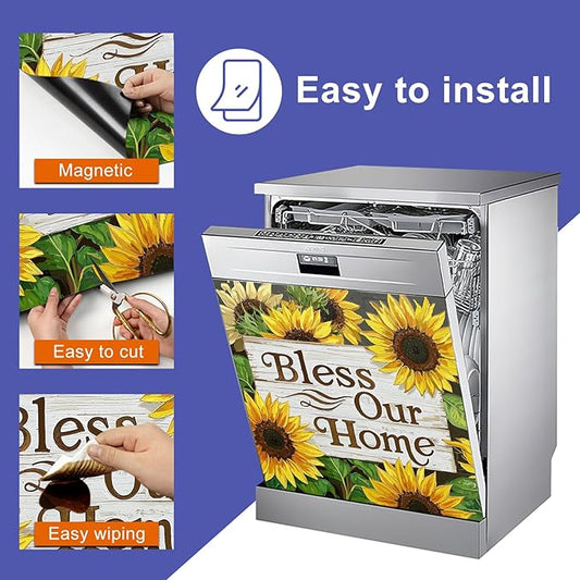 Dishwasher Magnet Cover 23x26 in Dark Background Sunflower Design Bless Our Home Sign Dishwasher Cover for Kitchen Appliance Decoration Front Panel Sticker Rustic Art Skin Panel Home Decor
