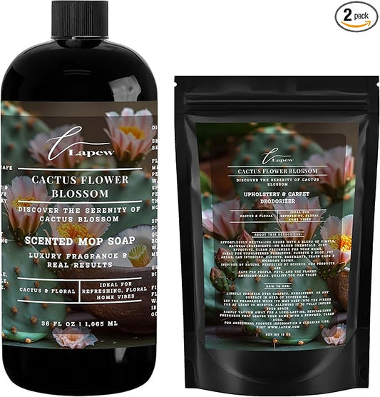 Lapew Cactus Flower Blossom Scented Cleaning Bundle | Carpet Deodorizer Powder (16 oz) & Mop Soap Concentrate (36 oz) | Pet-Friendly Odor Eliminator