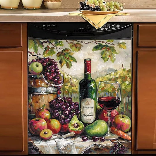 Generic Wine Decor Dishwasher Magnet Cover Kitchen Decor,Wine Bottle Country Grape Apples Fruits Painting Home Appliance Bar Decor Fridge Sticker,Refrigerator Magnetic Panel Decal 23x26
