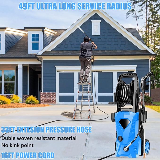 commowner𝐏𝐨𝐰𝐞𝐫 𝐖𝐚𝐬𝐡𝐞𝐫 𝟓𝟎𝟎𝟎𝐏𝐒𝐈 Portable with 33FT Pipe, 4 Nozzle Set for Home/Cars/Fences/Windows, Spphire