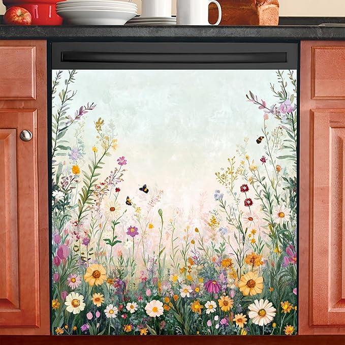 Dishwasher Magnet Cover 23x26 in Wildflower Meadow and Bees with Soft Sky Background Magnetic Dishwasher Cover for Kitchen Appliance Decoration Front Panel Sticker Panel Home Decor