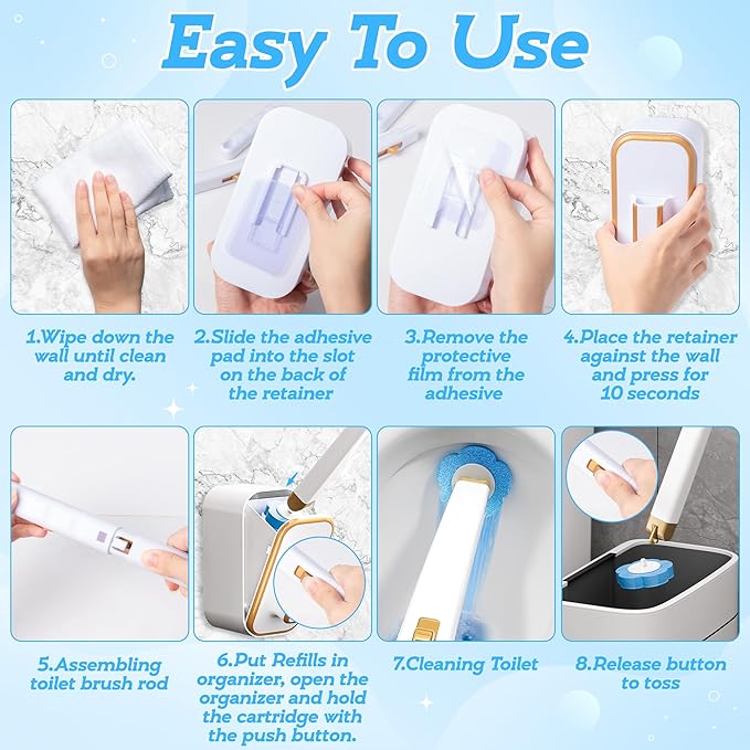 Disposable Toilet Cleaning Brush - Toilet Bowl Cleaner Wand and Holder Set with 60 Refills, Wall Mounted Clean Stick Brush Heads Kit with Handle for Bathroom Bathtub Cleaning System