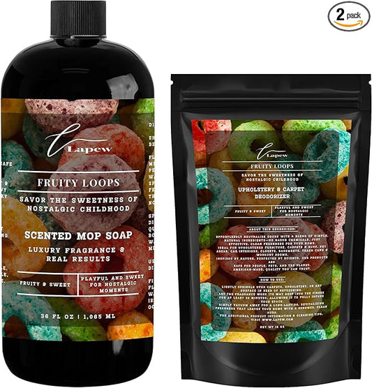 Lapew Fruity Loops Scented Cleaning Bundle | Carpet Deodorizer Powder (16 oz) & Mop Soap Concentrate (36 oz) | Pet-Friendly Odor Eliminator