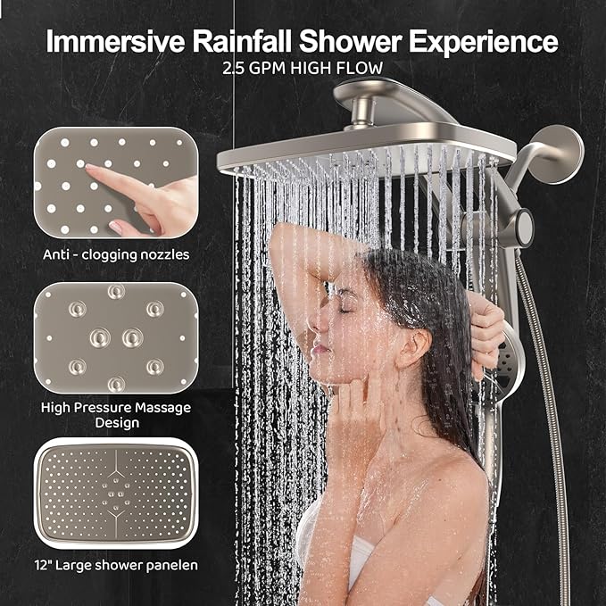 Rain Shower Head with Handheld High Pressure rainfall Shower Heads with Handheld Spray Combo Adjustable one-piece stand daul shower head Built-in Magnetic Docking and Power Jets