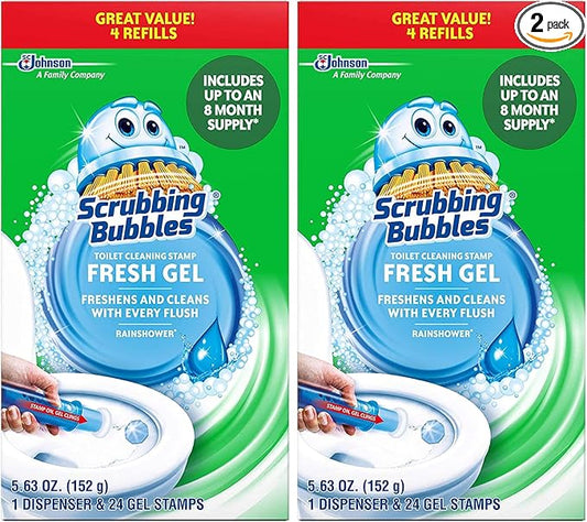 Scrubbing Bubbles Fresh Gel Toilet Cleaning Stamp, Rainshower, Dispenser with 4 Refills - Pack of 2