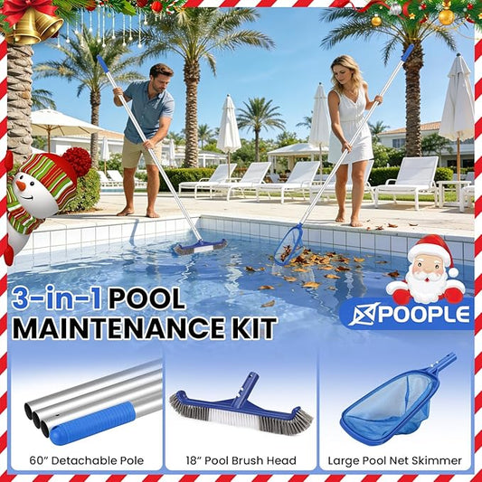 Swimming Pool Cleaning Kit - Includes Pool Skimmer Net, 18" Pool Brush with 5ft Adjustable Pole, Pools Maintenance Kits for Inground & Above Ground Swimming Pools, Removes Debris