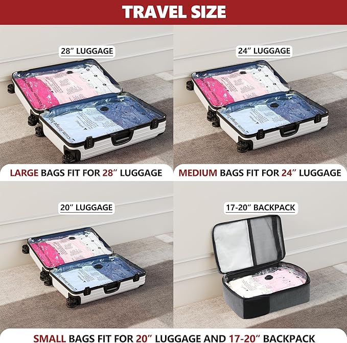 Vacuum Bags for Travel with Rechargeable Pump, 8 Small Compression Packing Seal Bags for Luggage Suitcase, Space Saver for Clothing and Clothes Storage Travel