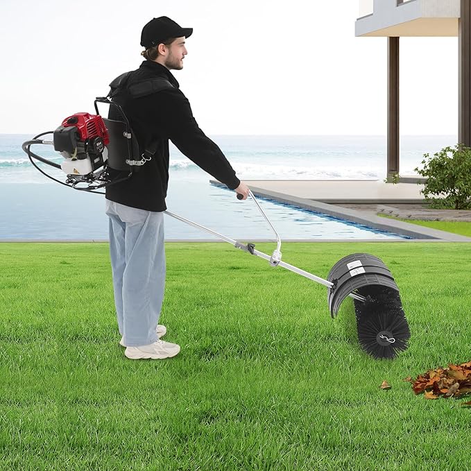 Backpack Gas Power Broom, 1700W 2 Stroke Gasoline Engine Power Snow Sweeping Broom Cleaner Tools Lawn Sweeper for Cleaning Driveway Turf Lawns Artificial Grass 2.3HP