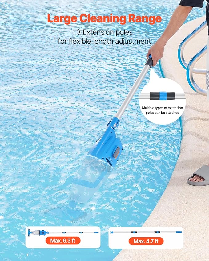 VEVOR Pool Vacuum, 26 GPM Handheld Cordless Hot Tub Vacuum with Extension Pole, for Deep Cleaning & Strong Suction, Rechargeable Pool Cleaner, Running up to 1Hour, for Above Ground/Inground Pool Spas