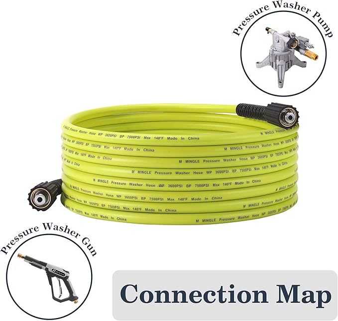 M MINGLE Pressure Washer Hose 25 FT x 1/4" - Replacement Power Wash Hose with M22 14mm Fittings - 3600 PSI
