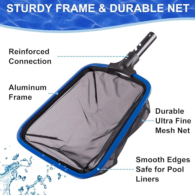 POOLAZA Deluxe Swimming Pool Cleaning Kit Including 20'' Pool Brush Head & Heavy Duty Pool Nets for Cleaning (17.5''Pool Net Skimmer & Semi-deep Ultra Fine Mesh Pool Skimmer Net with Aluminum Frame)