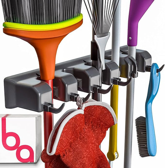 Berry Ave EXTRA GRIP Mop & Broom Holder Wall Mount – Wall Hanging Organizer for Garden Tools, Closet, and Utility Storage, Includes Hardware, Fits Standard Brooms & Mops