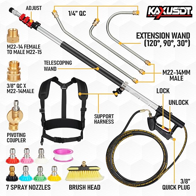 24FT Telescoping Pressure Washer Extension Wand, 𝟐𝟎𝟐𝟔 𝐔𝐩𝐠𝐫𝐚𝐝𝐞𝐝 High Power Washer Wand Extension Pole with Support Belt & 3 Wand, 7 Spray Nozzle Tips, 4000PSI, Gutter Cleaning Tools