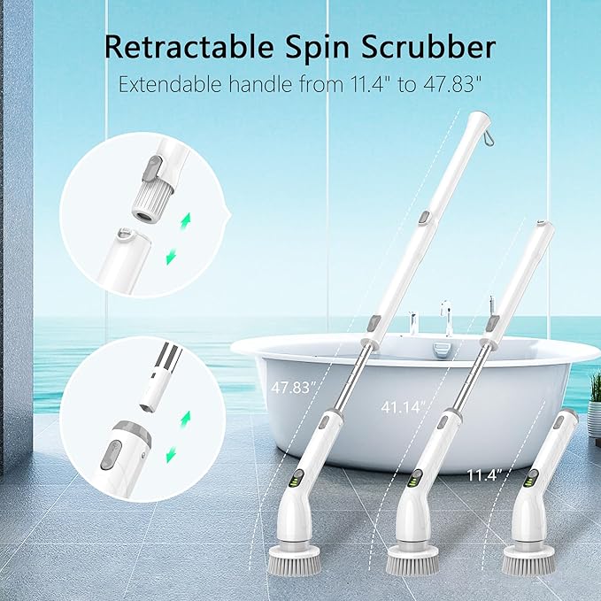 Electric Spin Scrubber, 2024 New Full-Body IPX7 Waterproof Cordless Bathroom Scrubber with 4 Replaceable Heads, Adjustable Extension Handle, Shower Cleaning Brush for Bathtub, Grout, Tile, Floor