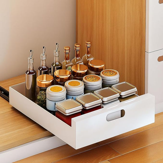 21'' Deep Cabinet Organizer, 10'' Wide Sturdy Carbon Steel Pull Out Drawers for Cabinets Adhesive, Pantry Storage Shelves for Kitchen, Bathroom and Living Room