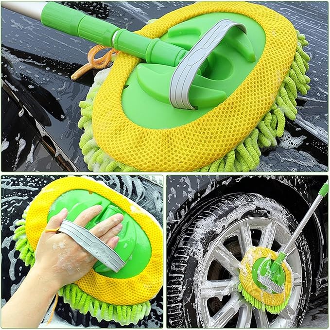 47" Car Wash Brush Mop Cleaning Tool with Long Handle Kit for Washing Detail Car Truck, SUV, RV, Trailer, Boat 2 in 1 Chenille Microfiber Sponge Duster, Paint Scratch Free