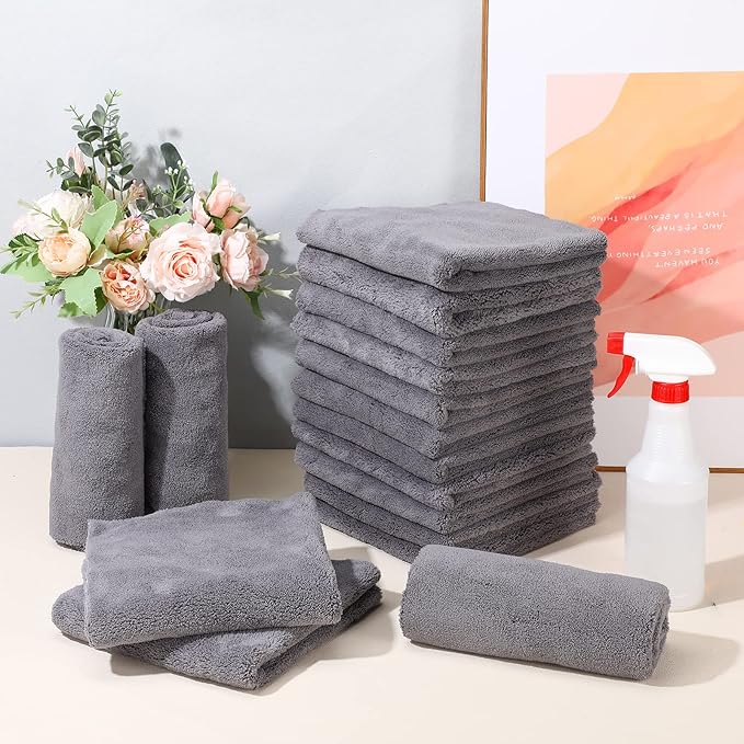 Shimeyao 30 Pcs 16 x 16 Inch Edgeless Microfiber Plush Towels for Cars Detailing Drying Wash Polishing Absorbent Cleaning Cloths, 500 GSM(Gray)
