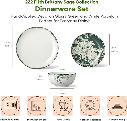 222 Fifth 12-Piece Porcelain Dinnerware Set for 4, White & Sage Green Plates and Bowls Set, Glossy Ceramic Dish Set with Detailed Floral Design, Microwave & Dishwasher Safe Dishes for Dining, Brittany