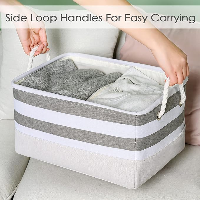 TheWarmHome Storage Basket Fabric Basket with Handles Dog Toy Basket Cloth Storage Bin Shelf Basket Decorative Storage Basket Shoe Basket Gift Basket(Grey&White Stripes-1 Pack,15.7L??11.8W??8.3H)