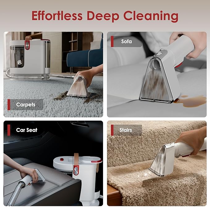 WURESE Portable Carpet & Upholstery Cleaner – 15KPa Powerful Spot Cleaner for Pet Urine, Couch, Stairs & Car Seats – Handheld Deep Cleaning Machine with Self‑Cleaning System & 2 Tools, Red