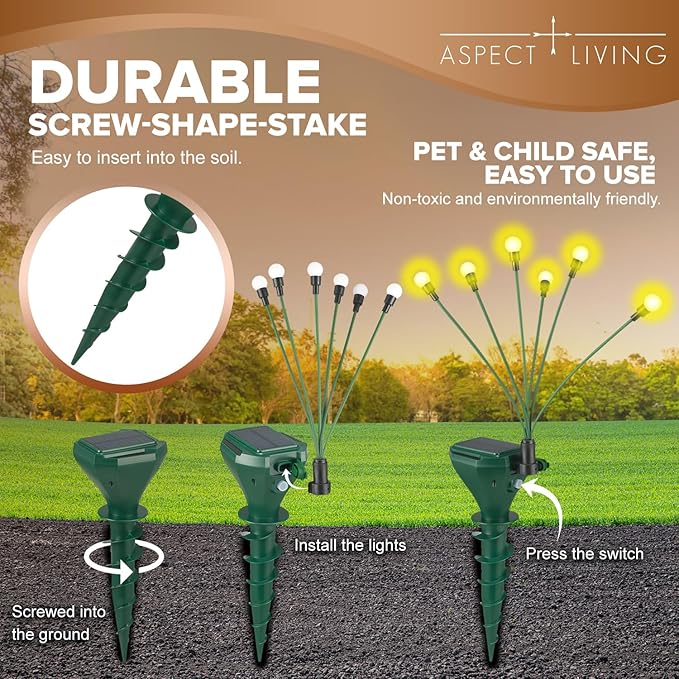 4 Pack Solar Mole Repellent Stakes for Lawn - Gopher Deterrent with Firefly LED Lights, Waterproof Outdoor Pest Control for Voles, Groundhogs, Snakes - Humane Pet Safe Solution