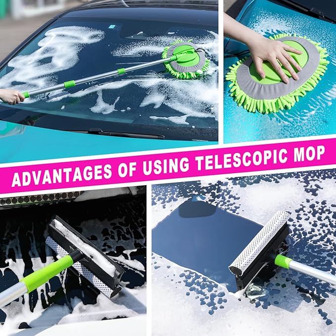 28Pcs Car Cleaning Kit Pink - Car Wash Brush with Long Handle Car Washing Mop, Car Detailing Kit for Cars, Trucks, SUVs, Jeeps