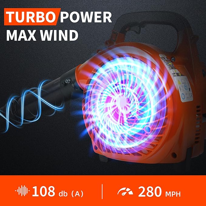 28 CC Gas Leaf Blower, 490 CFM 280 MPH, 1.1-HP 2-Stroke, Handheld Gas Powered Leaf Blower, Lightweight, Powerful Clearing Performance for Lawn Care, Driveway Cleaning and Light Snow Removal