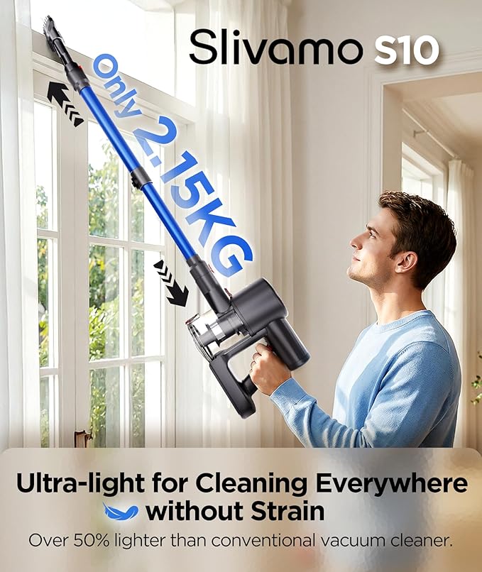 S10 Cordless Vacuum Cleaner, 40KPA/500W/45Mins, LED Display, 8-in-1 Lightweight Stick Vacuum Cleaners for Home with Green LED Light, 6-Stages Filtration, Self-Standing Design, Blue