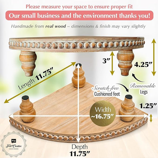 Farmhouse Corner Shelf Stand [with Removable Feet] - Bathroom Countertop Organizer, Decorative Tray Riser, Beaded Wooden Tray, Corner Tray Plant Stand, Coffee Bar Organizer for Kitchen Countertop