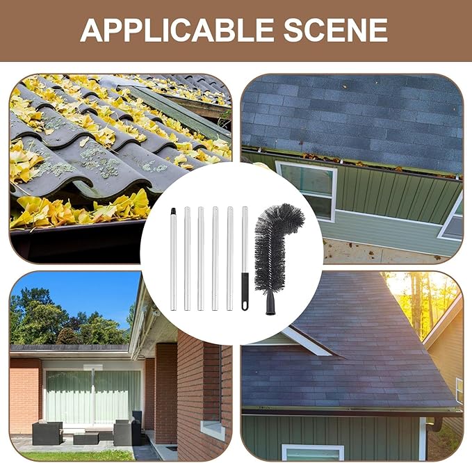 Gutter Cleaning Tool with Curved Stiff Bristles, Retractable Flexible Roof Gutter Brush Cleaner for Removing Dust, Leaves, Debris, and Branches