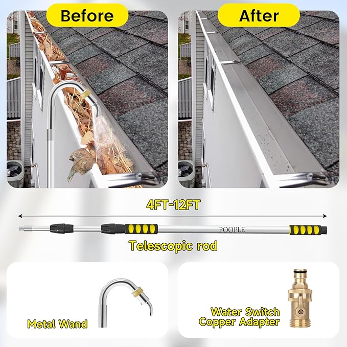Gutter Cleaning Tools from Ground, 12FT Telescoping Pole (20FT Reach) - Heavy-Duty Zinc Alloy Head, 360° Spray Nozzle & Leak-Proof Kit, No Ladder Needed for Roof Gutters