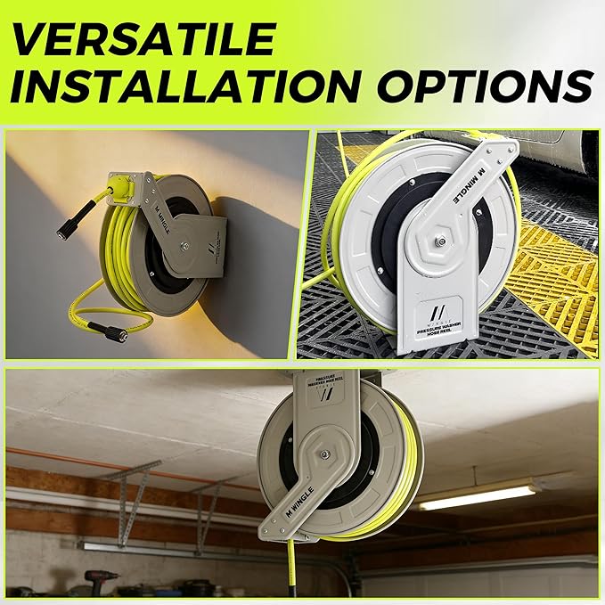 M MINGLE Retractable Pressure Washer Hose Reel, 1/4" × 100ft Heavy Duty Professional Hose Reel, Auto Rewind Power Washer Hose Reel, Wall/Floor Mounted, 3600 PSI