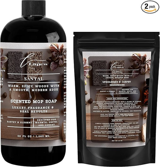 Lapew Santal Bundle – Carpet Deodorizer Powder & Scented Mop Soap Set – Odor Eliminator for Pet-Friendly Homes