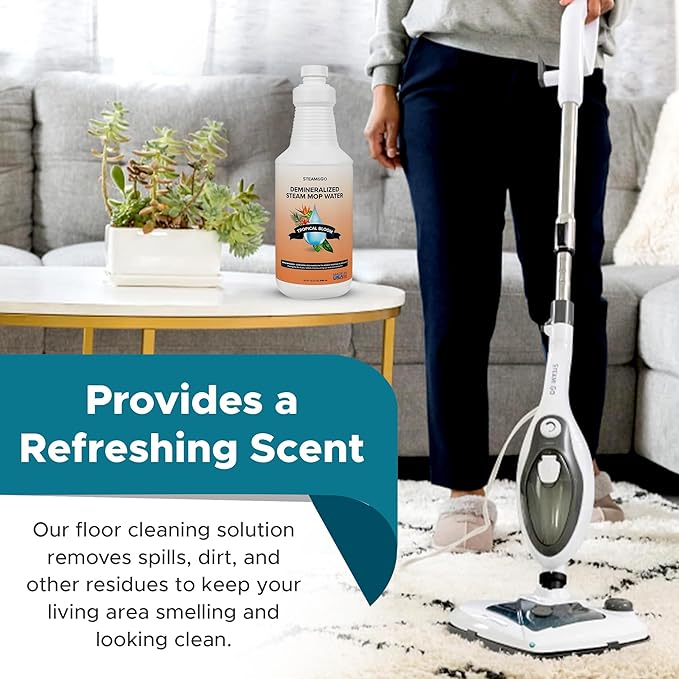 Steam & Go Demineralized Water for Steam Cleaner - PVC-Free Floor Cleaning Solution Compatible for All Steam Mops - Multi-Surface Cleaner for Home Surfaces - Tropical Bloom Scent, 32 oz (Pack of 18)