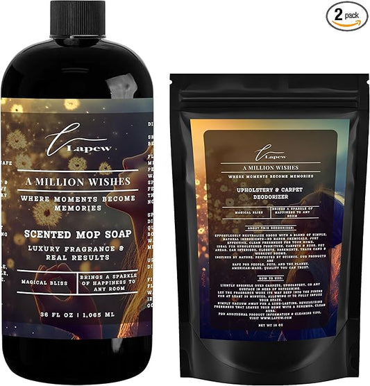 Lapew A Million Wishes Scented Cleaning Bundle | Carpet Deodorizer Powder (16 oz) & Mop Soap Concentrate (36 oz) | Pet-Friendly Odor Eliminator