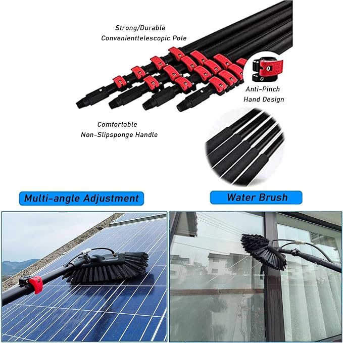 Window Cleaning Wand, Water Feeding Telescopic Brush for Pv Panel Cleaning - 12m/40ft, Roof Cleaning Tool Window Cleaner Kit,35cmbrushhead-6M/20FT