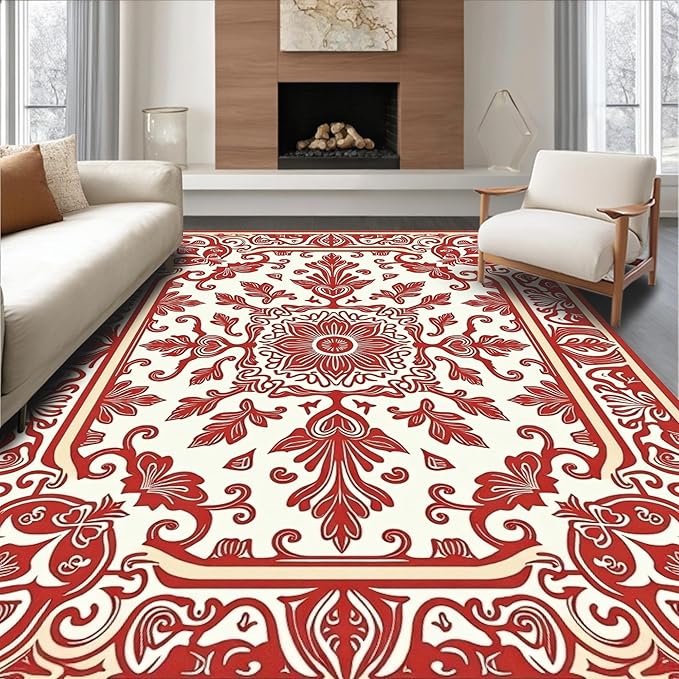Flatwoven High Traffic Area Rug 6x9, Vintage Floral Medallion Shower Curtain with Coordinated Bathroom, Non Slip, Stain Resistant, Washable Area Rugs for Living Room, Bedroom (Red, 6x9, Pad)