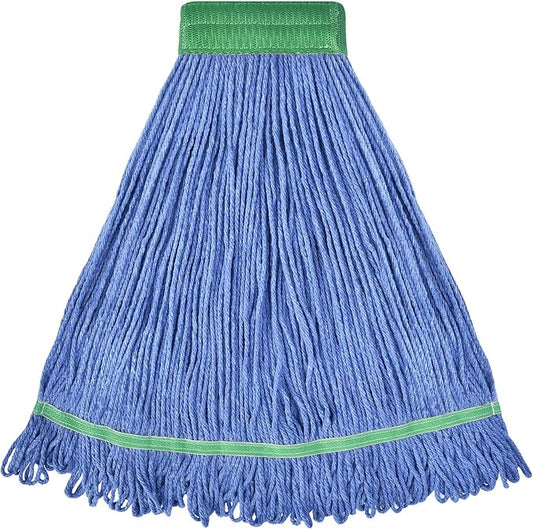 Onesimus 18 oz Heavy Duty Mop Head Replacement, 5 Inch Headband for Quick Change Handle, Blue Loop-End Cotton Blend String Wet Dry Floor Mop Refill Commercial Cleaning Supplies, 1 Pack Medium