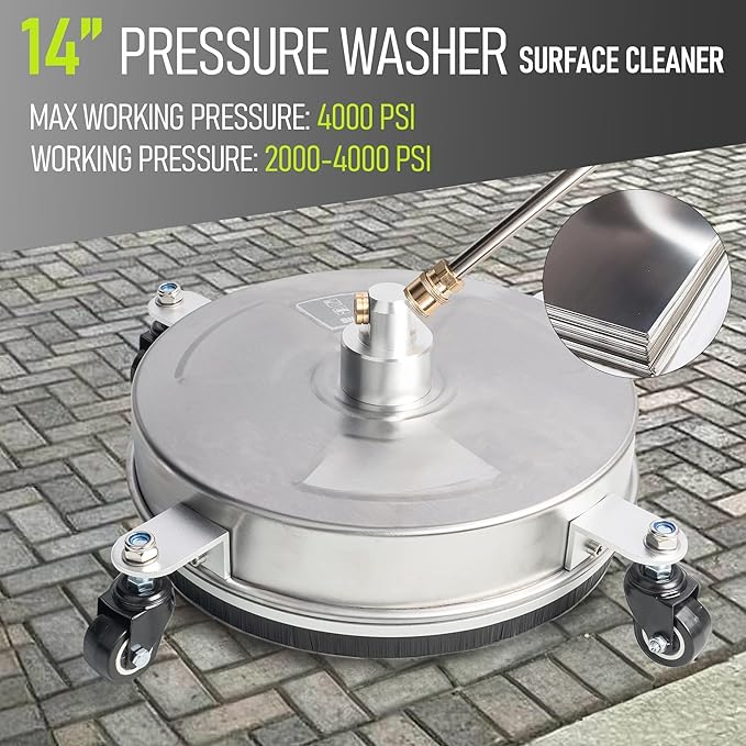 Hourleey 14" Pressure Washer Surface Cleaner, Stainless Steel Surface Cleaner with 4 Wheels for Concrete, Patio, Sidewalk, Deck, Pathway 1/4" Quick Connector, 2 Extension Wand, 4000 PSI
