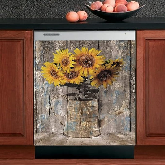 Rustic Wood Dishwasher Cover For Front,Vintage Sunflower Vase Dishwasher Magnet Cover Door Decor Farmhouse Sticker,Country Flower Dishwasher Panel Decal,Home Appliance Decal 23"x26"