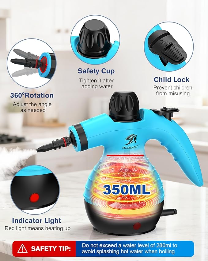 MLMLANT Steam Cleaner, Portable Multifunctional Household Steam Cleaner with Safety Lock & 9 Accessories, Ideal for Cleaning Carpets, Sofas, Cars, Kitchens, Bathrooms and More.