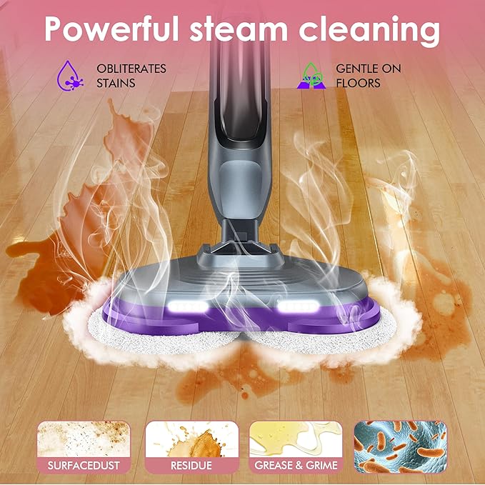 Scrub and Steam Mop with LED Headlights, All-in-One Hard Floor Cleaner Rotating Mop, 6 Cleaning Pads, Swivel Steering, Cable Holder & XL Water Tank