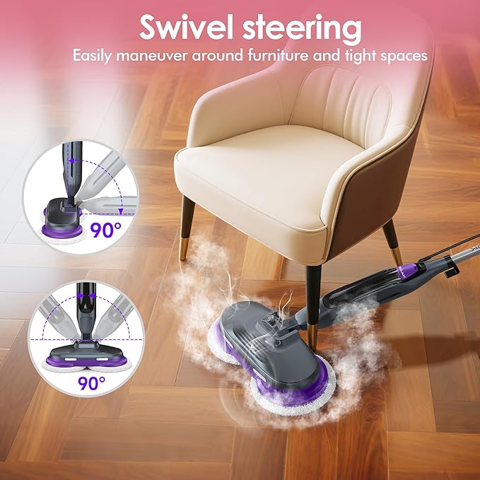 Scrub and Steam Mop with LED Headlights, All-in-One Hard Floor Cleaner Rotating Mop, 6 Cleaning Pads, Swivel Steering, Cable Holder & XL Water Tank