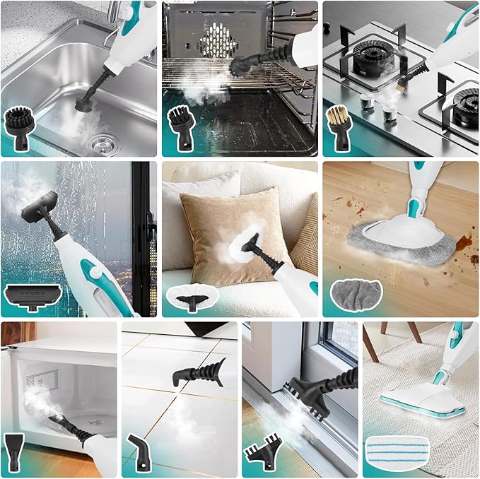 10-in-1 Steam Mop, 1550W Detachable Handheld Steam Cleaner with 350ML Tank for Floor Cleaning, 16FT Power Cable, 2 Washable Pads, Multi-Purpose Steamer for Hardwood, Carpet, Tile, Windows,Cyan