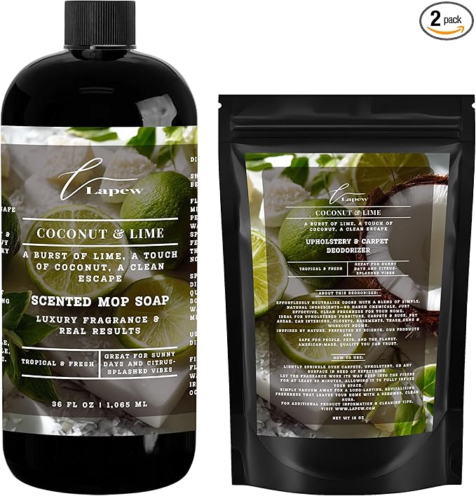 Lapew Coconut & Lime Scented Cleaning Bundle | Carpet Deodorizer Powder (16 oz) & Mop Soap Concentrate (36 oz) | Pet-Friendly Odor Eliminator