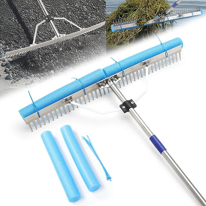 Aluminum Landscape Rake, 31'' Wide Heavy Duty Lake Weed Rakes for Gravel Driveway Leveling,Soil Loosening,Aquatic Weed,Algae Removal, Long Handle Landscaping Tool for Beach,Garden Lawn Yard Cleaning