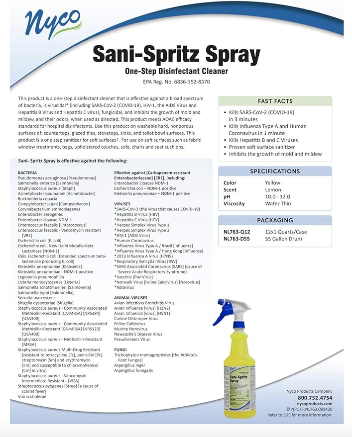 Nyco Sani-Spritz Spray - 32 oz RTU Spray Bottles - Case of 12 (sprayers not included) - Disinfectant - Cleaner - Mildewstat - Deodorizer - One-Step Disinfectant Cleaner
