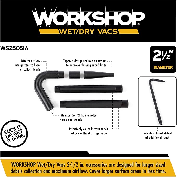 WORKSHOP Wet/Dry Vacs Shop Vacuum Accessories WS25051A Gutter Cleaning Kit for Wet Dry Vacuum Cleaners, 2-1/2-inch Vac Attachments Designed For Cleaning and Blowing Debris from Gutters